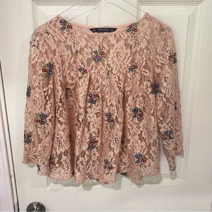 Zara Pink Floral Lace Embroidered Top Size Size Medium